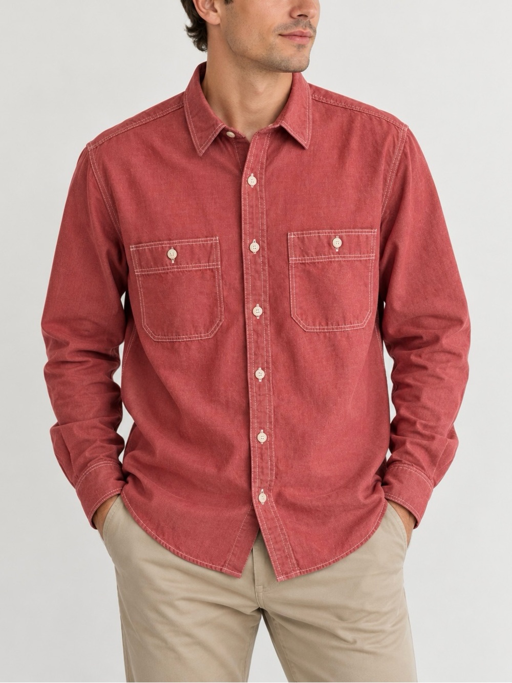 J.Crew Men's Chambray Workshirt Faded Red Long Sleeve Utility Shirt - Size S